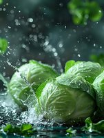 Fresh Brussels sprouts with water droplets splashing against dark background, creating bokeh effect. Perfect for food photography and healthy eating concepts.