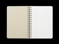 Open spiral notebook with lined pages and kraft cover, isolated on transparent background. Ready for stickers, clipart, t-shirt design, and print on demand use.