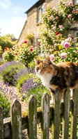 Tabby and white cat perched on rustic wooden fence in cottage garden surrounded by blooming roses, lavender, and climbing flowers against stone house backdrop on sunny day.
