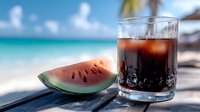 Refreshing cola drink with ice and fresh watermelon slice on tropical beach table with turquoise ocean background for summer vacation concepts.