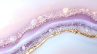 Luxurious pink and purple agate geode slice with gold trim and crystal details in abstract wavy pattern, showcasing natural mineral formation on light background.