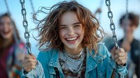 Young Caucasian woman with curly hair laughing while swinging outdoors, wearing denim jacket and pearl necklace, expressing genuine joy and carefree happiness.