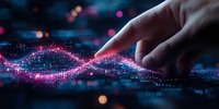 Finger touching glowing digital wave visualization with pink and blue particles, futuristic data stream concept on dark background with bokeh lights.