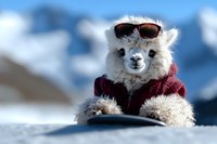 Funny alpaca wearing sunglasses and burgundy winter jacket while snowboarding in mountains. Humorous winter sports concept with fluffy white animal against snowy backdrop.