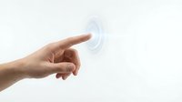 Human hand pointing finger at transparent digital interface button on white background for technology and user interaction concepts.