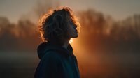 Silhouette of person with curly hair in hoodie against golden sunset, foggy landscape creating atmospheric mood for contemplative lifestyle content.
