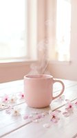 Steaming pink ceramic mug on white wooden table surrounded by cherry blossom petals in soft morning light by window.