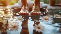 Female feet soaking in wooden bowl with water and floating daisy flowers, creating peaceful spa atmosphere with gentle sunlight and reflections.