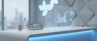 Futuristic workspace with holographic data visualization, digital charts, and analytics interface floating above modern desk with city skyline background for technology and business concepts.