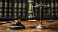 Brass justice scales and wooden gavel on judge desk against law library background. Legal concept symbolizing court decisions and judicial system.