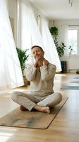 Middle-aged Caucasian man in linen clothes sitting cross-legged on yoga mat, massaging neck with eyes closed in bright studio.