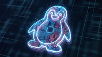 Neon glowing penguin with digital circuit patterns in cyberpunk style on dark grid background for futuristic technology designs.
