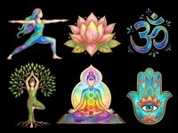 Yoga and meditation symbols collection with warrior pose figure, lotus flower, om sign, tree pose, chakra meditation, and hamsa hand isolated on transparent background. Ready for t-shirt design, stickers, clipart, sublimation, and print-on-demand products.