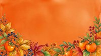 Autumn harvest border with orange pumpkins, fall leaves, berries and flowers on vibrant orange background. Seasonal design for thanksgiving, fall decorations and harvest celebrations.