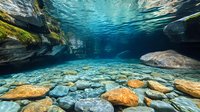 Underwater landscape with sunlight penetrating crystal clear water, illuminating rocky riverbed and moss-covered stones beneath rippling surface in natural cave formation.