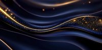Luxurious dark blue and gold waves with glowing sparkles create elegant flowing curves against black background, abstract luxury design pattern for decorative art.