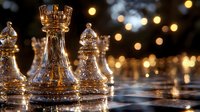 Glass chess pieces on reflective surface with golden bokeh lights in background creating atmospheric mood for strategy and leadership concepts.
