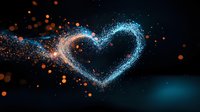 Magical glowing heart shape formed by blue and orange sparkles and particles against dark background, romantic love concept for Valentine's day designs.