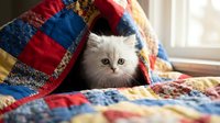 Adorable white fluffy kitten peeking out from colorful patchwork quilt blanket in cozy home interior with natural window light creating warm atmosphere.
