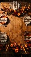 Rustic wooden table set for autumn dinner with pumpkins, pinecones, candles and elegant place settings. Warm seasonal dining decor for holiday gatherings.