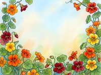 Watercolor nasturtium floral border frame with orange, red and yellow blooms on soft sky background, perfect for greeting cards and invitations.