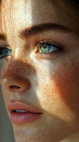 Close-up portrait showing bright green eyes, natural freckles, and glowing skin illuminated by warm sunlight, capturing youthful beauty and natural features.