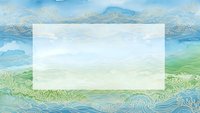 Watercolor landscape frame with flowing waves and green hills creating decorative border for text or design elements on white background.