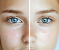 Close-up comparison of facial skin texture showing pores and freckles before and after retouching, featuring bright blue eyes and natural eyebrows.