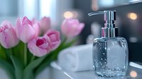 Elegant glass soap dispenser with pink tulips on modern bathroom counter creating luxurious spa atmosphere for home decor and wellness lifestyle.