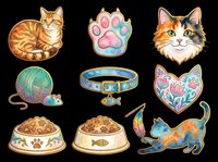 Watercolor cat sticker set isolated on transparent background. Includes tabby cat, paw print, collar, food bowl, yarn ball, and more. Great for clipart, t-shirt design, print on demand.