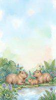 Watercolor capybara family with baby resting by pond surrounded by tropical plants and purple flowers on soft pastel background for nature designs.