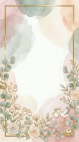 Watercolor floral frame with eucalyptus, roses, and botanical elements on soft pastel background. Isolated design with gold border, ready for invitations, greeting cards, and wedding stationery projects.