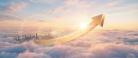Golden paper airplane soaring above fluffy clouds toward city skyline at sunset, symbolizing success, achievement, and reaching goals in business growth.