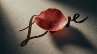 Red rose petal resting on handwritten word love, romantic Valentine's Day concept with soft shadows and warm moody lighting on textured paper.