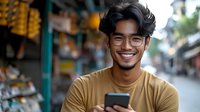 Young Asian man with glasses and modern hairstyle smiling while using smartphone on urban street. Casual style portrait showing genuine happiness and connection.