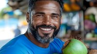 Cheerful mature African American man in blue t-shirt holding fresh green coconut, displaying genuine bright smile against blurred tropical background.