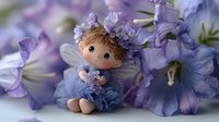 Adorable miniature fairy figurine with brown hair sitting among purple flowers, fantasy garden decoration for crafts and dollhouse accessories.