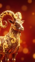 Golden ornate ram with decorative swirls on warm bokeh background for luxury design projects and festive celebrations.
