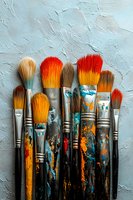 Used paintbrushes with colorful orange and turquoise paint stains arranged on textured gray background, showing authentic artistic tools and creative process.