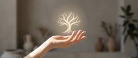 Glowing tree symbol floating above open palm in modern interior setting representing growth, sustainability, environmental care and natural energy concepts.