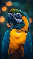 Close-up portrait of blue and gold macaw with vibrant feathers against dark background with bokeh lights, showing detailed eye and beak features.