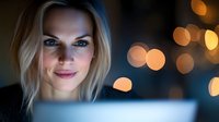 Young blonde woman using laptop computer at night with warm bokeh lights in background creating cozy atmosphere for remote work or online communication.
