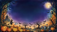 Spooky Halloween night scene with glowing jack-o-lanterns, bare twisted trees, flying bats, full moon and haunted castle creating atmospheric autumn holiday frame.