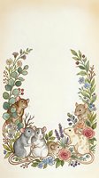 Adorable woodland animals frame with mice, rabbits and squirrels surrounded by wildflowers and botanical elements on textured beige background.