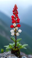 Vibrant red and white lupine flower growing on moss-covered rock against blurred mountain backdrop, showcasing resilient alpine flora.