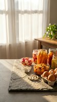 Homemade preserved vegetables and pickled foods in glass jars on slate board with fresh eggs and garlic in warm sunlit kitchen for healthy eating.