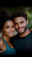 Young diverse couple smiling together outdoors, showing genuine happiness and connection. Natural curly hairstyles and casual attire create authentic modern lifestyle portrait.