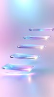 Floating glass platforms with holographic iridescent glow against pink and blue gradient background, modern minimalist design for product display.