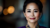 Asian woman wearing traditional embroidered dress smiling confidently against blurred bokeh background, professional headshot portrait with warm lighting and elegant makeup.