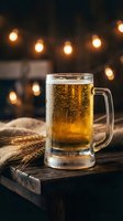 Cold beer mug with condensation on rustic wooden table with warm bokeh lights creating cozy pub atmosphere for beverage and hospitality concepts.